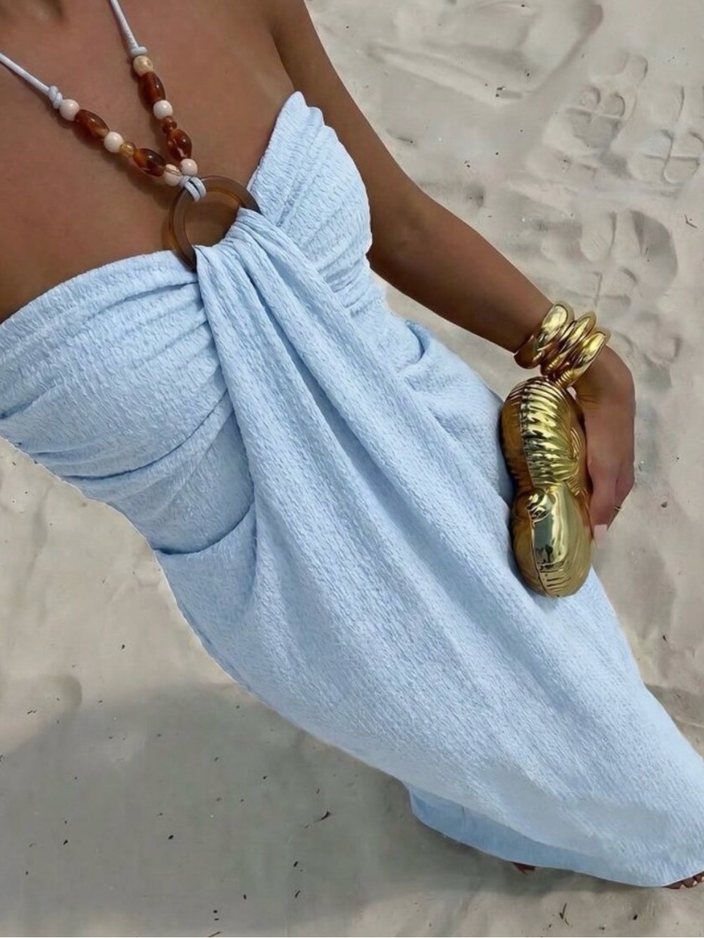 Boho Baby Blue Casual Women's Vacation Beaded detail neck tie maxi Dress